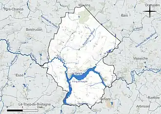 Carte en couleur présentant le réseau hydrographique de la commune