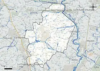 Carte en couleur présentant le réseau hydrographique de la commune