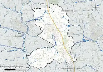 Carte en couleur présentant le réseau hydrographique de la commune