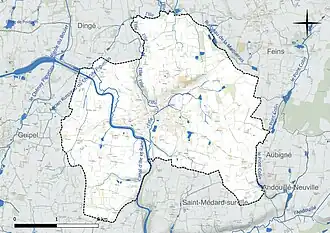 Carte en couleur présentant le réseau hydrographique de la commune