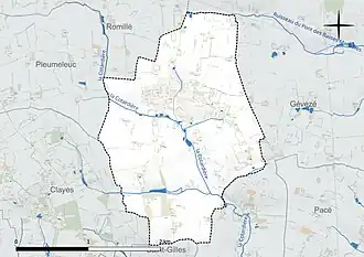 Carte en couleur présentant le réseau hydrographique de la commune