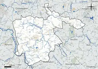 Carte en couleur présentant le réseau hydrographique de la commune