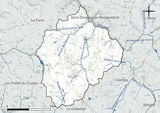 Carte en couleur présentant le réseau hydrographique de la commune