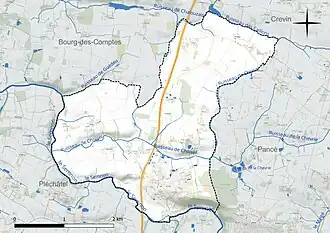 Carte en couleur présentant le réseau hydrographique de la commune