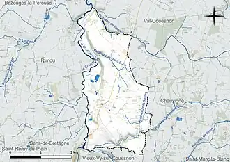 Carte en couleur présentant le réseau hydrographique de la commune