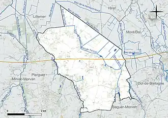 Carte en couleur présentant le réseau hydrographique de la commune