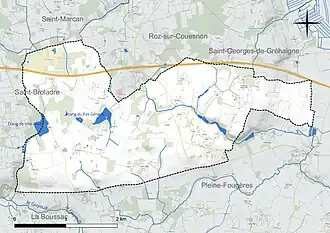 Carte en couleur présentant le réseau hydrographique de la commune
