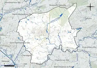 Carte en couleur présentant le réseau hydrographique de la commune