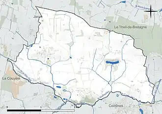Carte en couleur présentant le réseau hydrographique de la commune