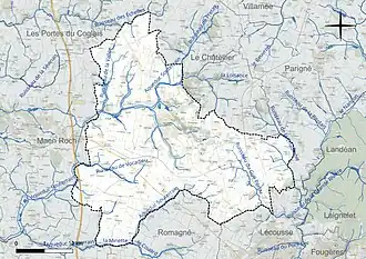 Carte en couleur présentant le réseau hydrographique de la commune