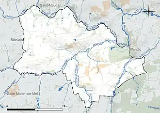 Carte en couleur présentant le réseau hydrographique de la commune
