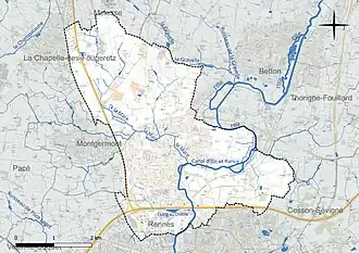 Carte en couleur présentant le réseau hydrographique de la commune
