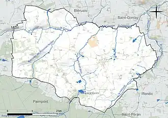 Carte en couleur présentant le réseau hydrographique de la commune
