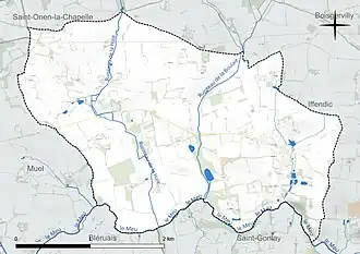 Carte en couleur présentant le réseau hydrographique de la commune