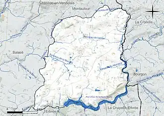 Carte en couleur présentant le réseau hydrographique de la commune