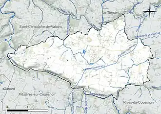 Carte en couleur présentant le réseau hydrographique de la commune