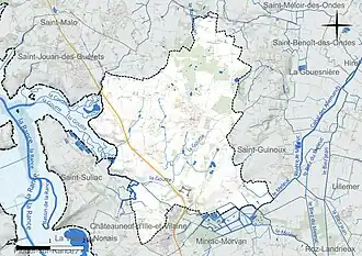 Carte en couleur présentant le réseau hydrographique de la commune