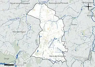 Carte en couleur présentant le réseau hydrographique de la commune
