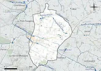Carte en couleur présentant le réseau hydrographique de la commune