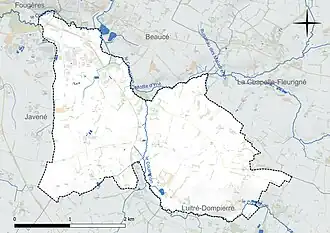 Carte en couleur présentant le réseau hydrographique de la commune
