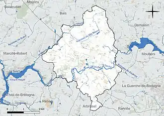 Carte en couleur présentant le réseau hydrographique de la commune