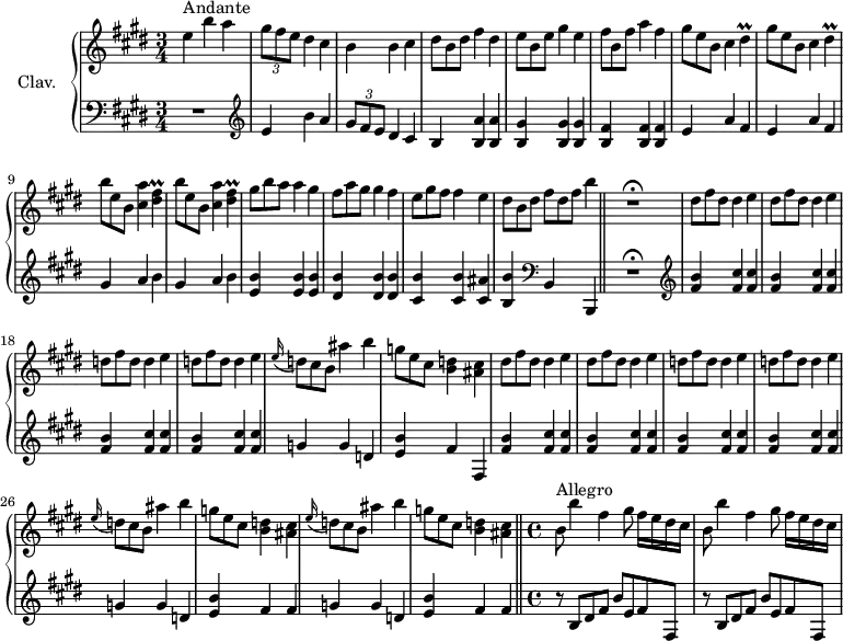 
\version "2.18.2"
\header {
  tagline = ##f
  % composer = "Domenico Scarlatti"
  % opus = "K. 162"
  % meter = "Anadnte - Allegro"
}

%% les petites notes
trillDisp     = { \tag #'print { dis4\prall } \tag #'midi { e32 dis e dis~ dis8 } }
trillFisp     = { \tag #'print { < dis fis >4\prall } \tag #'midi { << { gis32 fis gis fis~ fis8 } \\ { dis4 } >> } }


upper = \relative c'' {
  \clef treble 
  \key e \major
  \time 3/4
  \tempo 4 = 88
  \set Staff.midiInstrument = #"harpsichord"
  \override TupletBracket.bracket-visibility = ##f

      s8*0^\markup{Andante}
      e4 b' a  | \times 2/3 { gis8 fis e } dis4 cis | b b cis | \omit TupletNumber 
 \times 2/3 { dis8 b dis } fis4 dis | \times 2/3 { e8 b e } gis4 e | 
      % ms. 6
      \times 2/3 { fis8 b, fis' } a4 fis | \repeat unfold 2 { \times 2/3 { gis8 e b } cis4 \trillDisp } | \repeat unfold 2 { \times 2/3 { b'8 e, b } < cis a' >4 \trillFisp } |
      % ms. 11
      \times 2/3 { gis8 b a } a4 gis | \times 2/3 { fis8 a gis } gis4 fis | \times 2/3 { e8 gis fis } fis4 e | \times 2/3 { dis8 b dis } \times 2/3 { fis8[ dis fis] } b4 \bar "||" R2.\fermata
      % ms. 16
      \repeat unfold 2 { \times 2/3 { dis,8 fis dis } dis4 e } | \repeat unfold 2 { \times 2/3 { d8 fis d } d4 e } | \appoggiatura e16 \times 2/3 { d8 cis b } ais'4 b | 
      % ms. 21
      \times 2/3 { g8 e cis } < b d >4 < ais cis > | \repeat unfold 2 { \times 2/3 { dis8 fis dis } dis4 e } | \repeat unfold 2 { \times 2/3 { d8 fis d } d4 e } |
      % ms. 26
      \repeat unfold 2 { \appoggiatura e16 \times 2/3 { d8 cis b } ais'4 b | \times 2/3 { g8 e cis } < b d >4 < ais cis > } \bar "||"   \time 4/4 s8*0^\markup{Allegro}   \tempo 4 = 126
      % ms. 30
      \repeat unfold 2 { b8 b'4 fis gis8 fis16 e dis cis } | 

}

lower = \relative c' {
  \clef bass
  \key e \major
  \time 3/4
  \set Staff.midiInstrument = #"harpsichord"
  \override TupletBracket.bracket-visibility = ##f

    % ************************************** \appoggiatura a16  \repeat unfold 2 {  } \times 2/3 { }   \omit TupletNumber 
      R2. |   \clef treble  e4 b' a  | \times 2/3 { gis8 fis e } dis4 cis | b < b a' > q | < b gis' > q q |
      % ms. 6
      < b fis' >4 q q | \repeat unfold 2 { e a fis } | \repeat unfold 2 { gis a b } | 
      % ms. 11
      < e, b' >4 q q | < dis b' >4 q q | < cis b' >4 q < cis ais' > | < b b' >   \clef bass b, b, \bar "||" R2.\fermata  \clef treble 
      % ms. 16
      \repeat unfold 4 { < fis''' b >4 < fis cis' > q } g4 g d |
      % ms. 21
      < e b' >4 fis fis, | \repeat unfold 4 { < fis' b >4 < fis cis' > q }
      % ms. 26
      \repeat unfold 2 { g4 g d | < e b' > fis fis } |  \time 4/4
      % ms. 30
      \repeat unfold 2 { r8 b,8 dis fis b e, fis fis, } |

}

thePianoStaff = \new PianoStaff <<
    \set PianoStaff.instrumentName = #"Clav."
    \new Staff = "upper" \upper
    \new Staff = "lower" \lower
  >>

\score {
  \keepWithTag #'print \thePianoStaff
  \layout {
      #(layout-set-staff-size 17)
    \context {
      \Score
     \override SpacingSpanner.common-shortest-duration = #(ly:make-moment 1/2)
      \remove "Metronome_mark_engraver"
    }
  }
}

\score {
  \keepWithTag #'midi \thePianoStaff
  \midi { }
}
