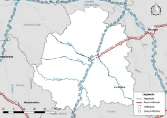Carte du réseau routier national (autoroutes et routes nationales) dans le département de l'Indre.