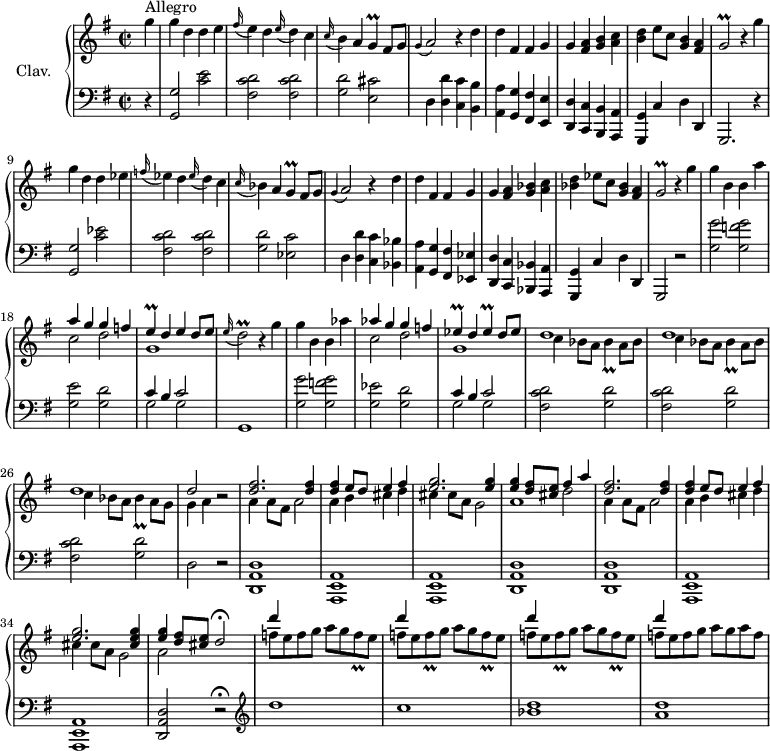 
\version "2.18.2"
\header {
  tagline = ##f
  % composer = "Domenico Scarlatti"
  % opus = "K. 470"
  % meter = "Allegro"
}

%% les petites notes
trillG     = { \tag #'print { g4\prall } \tag #'midi { a32 g a g~ g8 } }
trillGb    = { \tag #'print { g2\prall } \tag #'midi { a32 g a g~ g4. } }
trillE     = { \tag #'print { e4\prall } \tag #'midi { f32 e f e~ e8 } }
trillEes   = { \tag #'print { ees4\prall } \tag #'midi { f32 ees f ees~ ees8 } }
trillDb    = { \tag #'print { d2\prall } \tag #'midi { e32 d e d~ d4. } }
trillBes   = { \tag #'print { bes4\prall } \tag #'midi { c32 bes c bes~ bes8 } }
trillFq    = { \tag #'print { f8\prall } \tag #'midi { g32 f g f } }

upper = \relative c'' {
  \clef treble 
  \key g \major
  \time 2/2
  \tempo 2 = 92
  \set Staff.midiInstrument = #"harpsichord"

      s8*0^\markup{Allegro}
      \partial 4
      g'4 | g d d e | \appoggiatura fis16 e4 d \appoggiatura e16 d4 c | \appoggiatura c16 b4 a \trillG fis8 g | \appoggiatura g4 a2  r4 d4 | d fis, fis g |
      % ms. 6
      g4 < fis a > < g b > < a c > | < b d > e8 c < g b >4 < fis a > | \trillGb r4
      g'4 | g d d ees | \appoggiatura f16 ees4 d \appoggiatura ees16 d4 c | \appoggiatura c16 bes4 a \trillG fis8 g |
      % ms. 12
      \appoggiatura g4 a2  r4 d4 | d fis, fis g | g4 < fis a > < g bes > < a c > | < bes d > ees8 c < g bes >4 < fis a > | \trillGb r4 g'4 | g b, b a' | 
      % ms. 18
      << { a4 g g f | \trillE d e d8 e } \\ { c2 d | g,1 } >> \appoggiatura e'16 \trillDb r4 g4 | g b, b aes' |
      << { aes4 g g f | \trillEes d \trillEes d8 ees } \\ { c2 d | g,1 } >>
      % ms. 24
      \repeat unfold 2 { << { d'1 } \\ { c4 bes8 a \trillBes a8 bes } >> } | << { d1 | d2 } \\ { c4 bes8 a \trillBes a8 g | g4 a } >> r2
      % ms. 28
      << { < d fis >2. q4 | q e8 d e4 fis | < e g >2. q4 | q < d fis >8 < cis e > fis4 a } \\ { s1*3 s2 d,2 }
      \\ { \stemDown a4 a8 fis a2 | a4 b cis d | cis cis8 a g2 | a1 } >>
      % ms. 32
       << { < d fis >2. q4 | q e8 d e4 fis | < e g >2. < cis e g >4 | < e g >4 < d fis >8 < cis e > d2\fermata } 
      \\ { a4 a8 fis a2 | a4 b cis d | cis cis8 a g2 | a2  } >>
      % ms. 36
      << { \repeat unfold 4 { d'4 s2. } } 
      \\ { f,8 e f g a g \trillFq e | \repeat unfold 2 { f8 e \trillFq g8 a g \trillFq e } | f8 e f g a g a f } >>
      % ms. 39
      

}

lower = \relative c' {
  \clef bass
  \key g \major
  \time 2/2
  \set Staff.midiInstrument = #"harpsichord"

    % ************************************** \appoggiatura a16 e4 \repeat unfold 2 {  } \times 2/3 { }   \omit TupletNumber 
      r4 | < g, g' >2 < c' e > | < fis, c' d > q | < g d' > < e cis' > | d4 < d d' > < c c' > < b b' > | < a a' > < g g' > < fis fis' > < e e' > | 
      % ms. 6
      < d d' >4 < c c' > < b b' > < a a' > | < g g' > c' d d, | g,2. r4 | < g' g' >2 < c' ees > | < fis, c' d > q | < g d' > < ees c' >
      % ms. 12
      d4 < d d' > < c c' > < bes bes' > | < a a' > < g g' > < fis fis' > < ees ees' > | < d d' >4 < c c' > < bes bes' > < a a' > | < g g' > | c' d d, | g,2 r2 | < g'' g' >2 < g f' g >
      % ms. 18
      < g e' >2 < g d' > | << { c4 b c2 } \\ { g2 g } >> | g,1 | < g' g' >2 < g f' g > | < g ees' >2 < g d' > | << { c4 b c2 } \\ { g2 g } >> |
      % ms. 24
      \repeat unfold 3 { < fis c' d >2 < g d' > } | d2 r2 | 
      % ms. 28
      < d, a' d >1 | < a e' a > q | < d a' d > q < a e' a > q < d a' d >2 r2\fermata
      % ms. 36
        \clef treble  d'''1 c < bes d > | < a d >

}

thePianoStaff = \new PianoStaff <<
    \set PianoStaff.instrumentName = #"Clav."
    \new Staff = "upper" \upper
    \new Staff = "lower" \lower
  >>

\score {
  \keepWithTag #'print \thePianoStaff
  \layout {
      #(layout-set-staff-size 17)
    \context {
      \Score
     \override TupletBracket.bracket-visibility = ##f
     \override SpacingSpanner.common-shortest-duration = #(ly:make-moment 1/2)
      \remove "Metronome_mark_engraver"
    }
  }
}

\score {
  \keepWithTag #'midi \thePianoStaff
  \midi { }
}
