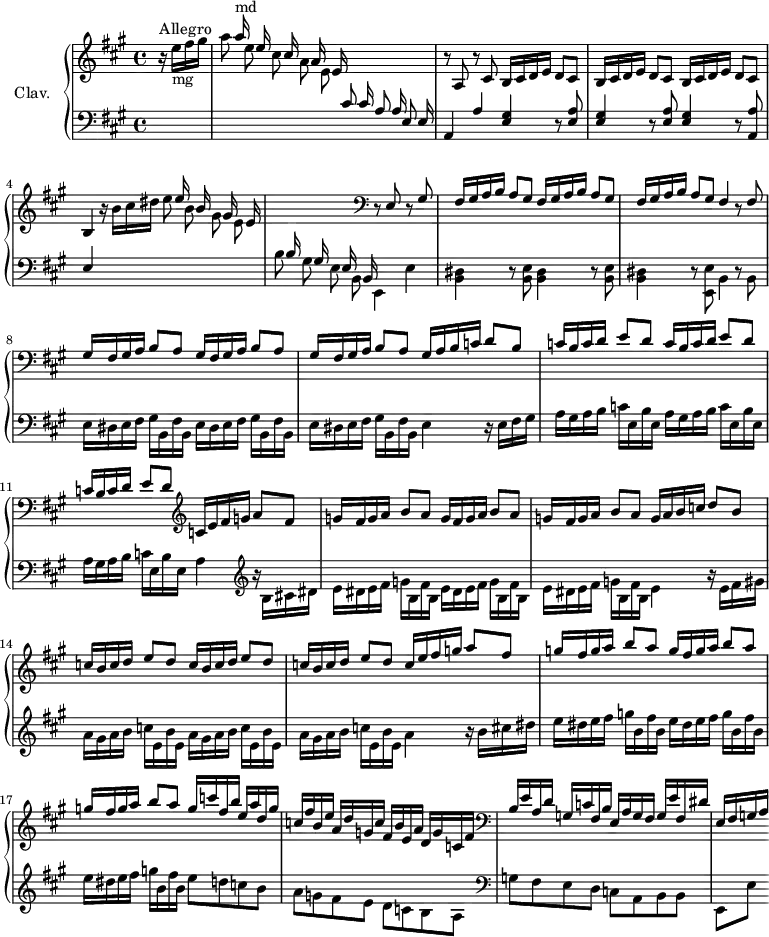 
\version "2.18.2"
\header {
  tagline = ##f
}

%% les petites notes
trillFq   = { \tag #'print { f8\trill } \tag #'midi { g32 f g f } }


upper = \relative c'' {
  \clef treble 
  \key a \major
  \time 4/4
  \tempo 4 = 96
  \set Staff.midiInstrument = #"harpsichord"

      s8*0^\markup{Allegro}
      \partial 4 \stemUp s4 s16 a'16^\markup{md} s16 e16 s16 cis16 s16 a16 s16 e16 s16 \stemUp \change Staff = "lower" cis16 s16 a16 s16 e16 |
      \change Staff = "upper" r8 a8 r8 cis8 \repeat unfold 3 { b16 cis d e d8 cis } |
       % ms. 4
       b4 s4 s16 e'16 s16 b16 s16 gis16 s16 e16 s16 \change Staff = "lower" b16 s16 gis16 s16 e16 s16 b16  \change Staff = "upper"   \clef bass r8 e8 r8 gis8 | \repeat unfold 3 { fis16 gis a b a8 gis } fis4 r8 fis | \repeat unfold 3 { gis16 fis gis a b8 a } 
       % ms. 9
       gis16 a b c d8 b | \repeat unfold 3 { c16 b c d e8 d } \change Staff = "upper"   \clef treble  c16 e fis g a8 fis |
       % ms. 12
       \repeat unfold 3 { g16 fis g a b8 a } g16 a b c d8 b | \repeat unfold 3 { c16 b c d e8 d } c16 e fis  g a8 fis | \repeat unfold 3 { g16 fis g a b8 a } g16 c fis, b e, a d, g |
       % ms. 18
       c,16 fis b, e a, d g, c fis, b e, a d, g c, fis |   \clef bass b, e a, d g, c fis, b e, a g fis g e' fis, dis' e, fis g a

}

lower = \relative c' {
  \clef bass
  \key a \major
  \time 4/4
  \set Staff.midiInstrument = #"harpsichord"

    % **************************************
      \stemDown \change Staff = "upper" r16 e'16-\markup{mg} fis gis | \autoBeamOff a8 e cis a e \stemUp \change Staff = "lower" cis a e | a,4 a' \repeat unfold 2 { < e gis > r8 < e a >8 } 
      % ms. 3
      < e gis >4 r8 < a, a' >8 | e'4 \stemDown \change Staff = "upper" r16 \autoBeamOn b''16 cis dis \autoBeamOff e8 b gis e \change Staff = "lower" b8 gis e b e,4 e'
      % ms. 6
      \repeat unfold 2 { < b dis >4 r8 < b e >8 } < b dis >4 r8 < e, e' >8 b'4 r8 b8 |\autoBeamOn \repeat unfold 3 { e16 dis e fis gis b, fis' b, }  
      % ms. 9
      e4 r16 e fis gis | \repeat unfold 3 { a16 gis a b c e, b' e, } | a4   \clef treble r16 b16 cis dis |
      % ms. 12
      \repeat unfold 3 { e16 dis e fis g b, fis' b, } | e4 r16 e16 fis gis | \repeat unfold 3 { a16 gis a b c e, b' e, } | a4
      % ms. 15
      r16 b cis dis \repeat unfold 3 { e16 dis e fis g b, fis' b, } e8 d c b | a g fis e d c b a |   \clef bass g8 fis e d c a b b | e,[ e'] 
 
}

thePianoStaff = \new PianoStaff <<
    \set PianoStaff.instrumentName = #"Clav."
    \new Staff = "upper" \upper
    \new Staff = "lower" \lower
  >>

\score {
  \keepWithTag #'print \thePianoStaff
  \layout {
      #(layout-set-staff-size 17)
    \context {
      \Score
     \override SpacingSpanner.common-shortest-duration = #(ly:make-moment 1/2)
      \remove "Metronome_mark_engraver"
    }
  }
}

\score {
  \keepWithTag #'midi \thePianoStaff
  \midi { }
}
