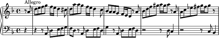 
\version "2.18.2"
\header {
  tagline = ##f
  % composer = "Domenico Scarlatti"
  % opus = "K. 89"
  % meter = "Allegro"
}

%% les petites notes
%trillBesp     = { \tag #'print { bes4.\prall } \tag #'midi { c32 bes c bes~ bes4 } }

upper = \relative c'' {
  \clef treble 
  \key d \minor
  \time 4/4
  \tempo 4 = 82
  \set Staff.midiInstrument = #"harpsichord"
  \override TupletBracket.bracket-visibility = ##f

 \partial 4
      s8*0^\markup{Allegro}
      r8 a8 | d e f g f16 e d4 cis8 | d a' a g f16 e d4 c8 | bes a a g f16 e d8 r8 a'8 |
      % ms. 4
      bes8 d f gis a16 gis a8  r8 a,8 | a c ees fis g16 fis g8 r8 s8 |


}

lower = \relative c' {
  \clef bass
  \key d \minor
  \time 4/4
  \set Staff.midiInstrument = #"harpsichord"
  \override TupletBracket.bracket-visibility = ##f

    % ************************************** \appoggiatura a16  \repeat unfold 2 {  } \times 2/3 { }   \omit TupletNumber 
      r4 r4 r8 a,8 d e f g | f d r8 a8 d e f d | g4 r8 a,8 d e f d | 
      % ms. 4
      r2 r8 d8 c4 | r2 r8 c8 bes4

}

thePianoStaff = \new PianoStaff <<
    \set PianoStaff.instrumentName = #""
    \new Staff = "upper" \upper
    \new Staff = "lower" \lower
  >>

\score {
  \keepWithTag #'print \thePianoStaff
  \layout {
      #(layout-set-staff-size 17)
    \context {
      \Score
     \override SpacingSpanner.common-shortest-duration = #(ly:make-moment 1/2)
      \remove "Metronome_mark_engraver"
    }
  }
}

\score {
  \keepWithTag #'midi \thePianoStaff
  \midi { }
}
