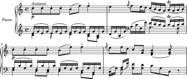 
\version "2.18.2"
\header {
  tagline = ##f
}
upper = \relative c' {
  \clef treble 
  \key c \major
  \time 4/4
  \tempo "Andante"
  \tempo 4 = 65
  %\autoBeamOff

  c'8-. \p ^\markup { \italic {Andante } } c-. c-. c-. b (f') f4-!
  e \grace g16 (f8) e16 d c (b a g) a\trill (g a b)
   c8-. \p  c-. c-. c-. b (f') f4-!
  \grace f16 (e8) f16 d c8 <f, b> <d f b>4 (<e g c>8)

}

lower = \relative c {
   \clef bass
   \key c \major
   \time 4/4
   \clef treble
   \set Staff.midiMinimumVolume = #0.2 \set Staff.midiMaximumVolume = #0.5
  << { \stemDown c'4 a \rest d b8 g} \\ {\stemUp  e'16 ^(g e g) e ^(g e g) f ^(g f g) d g b, g'} >>
  d (g b, g')  \clef bass a, (c f, f')
  << { \stemDown  g,4. f8 e4 d8 c d4 b8 g} \\ {\stemUp  e''16  ^(d c b) c^ \trill ^ (b c d) g, ^(c g c) f, c' e, c' f, ^(g f g) d g b, g'} >>
  c,16 (g') << { \stemDown f8 } \\ {\stemUp a16 (f')} >> <g, e'>8 <g d'> c g c, r
} 

\score {
  \new PianoStaff <<
    \set PianoStaff.instrumentName = #"Piano"
    \new Staff = "upper" \upper
    \new Staff = "lower" \lower
  >>
  \layout {
    \context {
      \Score
      \remove "Metronome_mark_engraver"
    }
  }
  \midi { }
}
