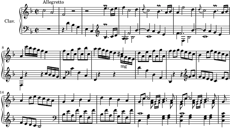 
\version "2.18.2"
\header {
  tagline = ##f
  % composer = "Domenico Scarlatti"
  % opus = "K. 554"
  % meter = "Allegretto"
}

%% les petites notes
trillEpUp       = { \tag #'print { e'4.\prall } \tag #'midi { f32 e f e~ e4 } }
trillBespUp     = { \tag #'print { bes'4.\prall } \tag #'midi { c32 bes c bes~ bes4 } }
trillBesp       = { \tag #'print { bes4.\prall } \tag #'midi { c32 bes c bes~ bes4 } }

upper = \relative c'' {
  \clef treble 
  \key f \major
  \time 2/2
  \tempo 2 = 72
  \set Staff.midiInstrument = #"harpsichord"
  \override TupletBracket.bracket-visibility = ##f

      s8*0^\markup{Allegretto}
      c2 a | f r2 | r2 \trillEpUp d16 e | f4 c2 d4 | \appoggiatura d8 c2 \trillBesp a16 bes |
      % ms. 6
      a4 f'2 d4 | \appoggiatura d8 c2 \trillBesp a16 bes | a4 c'16 bes a g f4 e  | f8 c g' c, a' c, bes' c, |
      % ms. 10
      a'4 a16 g f e d4 \stemUp cis |  \stemNeutral d8 a e' a, f' a, g' a, | f'4 f8 g f e d c  | bes4 e8 f e d c bes |
      % ms. 14
      a4 d8 e d c bes a | g4 a bes a | d c bes a | << { \repeat unfold 2 { g8 c~ c2 s4 } } \\ { s2 \stemUp \grace { g16 a } bes4. a8 | s2 \grace { g16 a } bes4. a8 } \\ { \stemDown s8 c4 < f, a  >8 \grace { e16 f } g4. f8 | e8 c'4 < f, a  >8 \grace { e16 f } g4. f8 } >> | g8
      % ms. 18
      

}

lower = \relative c' {
  \clef bass
  \key f \major
  \time 2/2
  \set Staff.midiInstrument = #"harpsichord"
  \override TupletBracket.bracket-visibility = ##f

    % ************************************** \appoggiatura a16  \repeat unfold 2 {  } \times 2/3 { }   \omit TupletNumber 
      R1 | r4 d4 bes g | e c   \clef treble \trillBespUp c16 d | << { a4 f'2 bes4~ | bes a g e | f2. bes4~ | bes a g e | f } \\ { a,2 bes | c1 | f4 f, bes2 | c1 | f,4 } >> 
      % ms. 8 suite
      r4 r4 c''16 bes a g | f4   \clef bass c f, c | 
      % ms. 10
      f,4 r4 r4 \stemDown \change Staff = "upper" a''16-\markup{mg} g f e | \stemNeutral \change Staff = "lower" d4 a d, a | d, r4 r4 \clef treble g''8 a g f e d c4  f8 e | 
      % ms. 14
      f8 e d c bes2 |  \clef bass bes8 e a, f' g, e' f, f' | bes, f' a, f' g, e' f, f' |  << { c1 c1 } \\ { c,4 < f a > < e g > < f a > | < c g' > < f a > < e g > < f a > } >>
      % ms. 19
      < c g' c >

}

thePianoStaff = \new PianoStaff <<
    \set PianoStaff.instrumentName = #"Clav."
    \new Staff = "upper" \upper
    \new Staff = "lower" \lower
  >>

\score {
  \keepWithTag #'print \thePianoStaff
  \layout {
      #(layout-set-staff-size 17)
    \context {
      \Score
     \override SpacingSpanner.common-shortest-duration = #(ly:make-moment 1/2)
      \remove "Metronome_mark_engraver"
    }
  }
}

\score {
  \keepWithTag #'midi \thePianoStaff
  \midi { }
}
