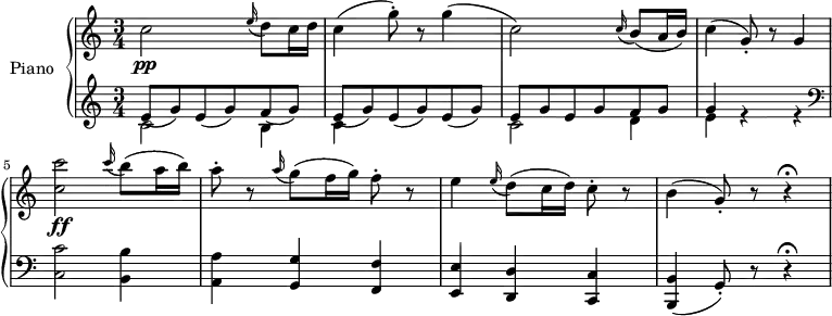 
\version "2.14.2"
\header {
  tagline = ##f
}
upper = \relative c'' {
  \clef treble 
  \key c \major
  \time 3/4
  \tempo 4 = 186
  \tempo "Presto"
  %\autoBeamOff

  %%%% Ladurner, Sonate II, op. 4
  c2\pp \grace e16( d8) c16 d] c4( g'8-.) r8 g4( c,2) \grace c16( b8)[( a16 b)] c4( g8-.) r8 g4 < c c' >2\ff \grace c'16( b8)[( a16 b)] a8-. r8 \grace a16( g8)[( f16 g)] f8-. r8 e4 \grace e16( d8)[( c16 d)] c8-. r8 b4( g8-.) r8 r4\fermata

}

lower = \relative c' {
  \clef treble
  \key c \major
  \time 3/4
    
   << { e8_( g) e_( g) f_( g) e_( g) e_( g) e_( g) e8 g e g f g g4 } \\ { c,2 b4 c4 s2 c2 d4 e4 r4 r4 } >>
   \clef bass < c, c' >2 < b b' >4 < a a' >4 < g g' >4 < f f' >4 < e e' >4 < d d' >4 < c c' >4 < b b' >4( g'8-.) r8 r4\fermata
   
} 

\score {
  \new PianoStaff <<
    \set PianoStaff.instrumentName = #"Piano"
    \new Staff = "upper" \upper
    \new Staff = "lower" \lower
  >>
  \layout {
    \context {
      \Score
      \remove "Metronome_mark_engraver"
    }
  }
  \midi { }
}
