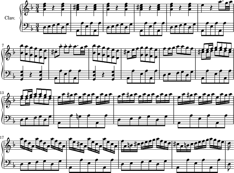 
\version "2.18.2"
\header {
  tagline = ##f
  % composer = "Domenico Scarlatti"
  % opus = "K. deest"
  % meter = ""
}

%% les petites notes
trillAqp       = { \tag #'print { a8. } \tag #'midi { bes32 a bes a~ a16 } }
base           = { d,8 e f g d g | a, a' e a a, a' }

upper = \relative c'' {
  \clef treble
  \key d \minor
  \time 3/4
  \tempo 4 = 88
  \set Staff.midiInstrument = #"harpsichord"
  \override TupletBracket.bracket-visibility = ##f

      %s8*0^\markup{Allegro}
      \repeat unfold 2 { < a d f >4 r4 q4 | < a cis e >4 r4 q4 } | < a d f >4 r4 q4 | e'4 r4 \trillAqp g32 a | < bes, bes' >8 < a a' > < g g' > < f f'> < e e' > < d d' > |
      % ms. 3
      cis'8-. a'-. a-. a-. \trillAqp g32 a | < bes, bes' >8 < a a' > < g g' > < f f'> < e e' > < d d' > | cis'8 e16 f < g, g' >8 q < f f' > < e e' >
      % ms. 11
      f'8 f16 g a8 a g f | << { e8 e16 f g8 g f e | f f16 g a8 a g f } \\ { cis8 cis16 d e8 e d cis | d d16 e f8 f e d  } >> |
      % ms. 14
      \repeat unfold 3 { e16 a gis a } | \repeat unfold 3 { f16 a gis a }
      % ms. 16
      \repeat unfold 3 { e16 a gis a } | \repeat unfold 3 { a16 f d a } | \repeat unfold 3 { a'16 e cis a } | 
      % ms. 19
      f'16 a, b cis d e f g a f e d | cis a b cis d e f g a g f e | d

}

lower = \relative c' {
  \clef bass
  \key d \minor
  \time 3/4
  \set Staff.midiInstrument = #"harpsichord"
  \override TupletBracket.bracket-visibility = ##f

    % ************************************** \appoggiatura a16  \repeat unfold 2 {  } \times 2/3 { }   \omit TupletNumber
      \repeat unfold 3 { \base } |
      % ms. 7
      \repeat unfold 2 { < g, d' g >4 r4 q4 | a8 a' e a a, a' }
      % ms. 11
      \base | d,8 e f g d g | a, a' g! a a, a' |
      % ms. 16
      \base | \base |
      % ms. 19
      \base | d,8

}

thePianoStaff = \new PianoStaff <<
    \set PianoStaff.instrumentName = #"Clav."
    \new Staff = "upper" \upper
    \new Staff = "lower" \lower
  >>

\score {
  \keepWithTag #'print \thePianoStaff
  \layout {
      #(layout-set-staff-size 17)
    \context {
      \Score
     \override SpacingSpanner.common-shortest-duration = #(ly:make-moment 1/2)
      \remove "Metronome_mark_engraver"
    }
  }
}

\score {
  \keepWithTag #'midi \thePianoStaff
  \midi { }
}
