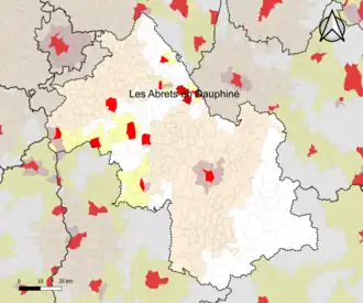 Localisation de l'aire d'attraction des Abrets en Dauphiné dans le département de l'Isère.