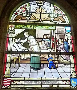 Vitrail de Gabriel Léglise représentant la mort de René II de Névet le 13 avril 1676.