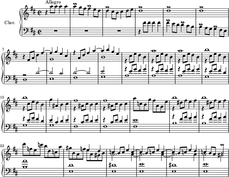 
\version "2.18.2"
\header {
  tagline = ##f
  % composer = "Domenico Scarlatti"
  % opus = "K. 443"
  % meter = "Allegro"
}

%% les petites notes
trillFis       = { \tag #'print { fis4\prall } \tag #'midi { g32 fis g fis~ fis8 } }
trillD         = { \tag #'print { d4\prall } \tag #'midi { e32 d e d~ d8 } }
trillA         = { \tag #'print { a4\prall } \tag #'midi { b32 a b a~ a8 } }
trillFis       = { \tag #'print { fis4\prall } \tag #'midi { g32 fis g fis~ fis8 } }
trillB         = { \tag #'print { b4\prall } \tag #'midi { cis32 b cis b~ b8 } }
trillG         = { \tag #'print { g4\prall } \tag #'midi { a32 g a g~ g8 } }

%trillDr        = { \tag #'print { d1\prall } \tag #'midi { \repeat unfold 8 { e16 d } } }

trillDr        = { \tag #'print { d1\prall } \tag #'midi { e32 d e d e d~ d16~ d2. } }
trillBb        = { \tag #'print { b2\prall } \tag #'midi { c32 b c b~ b8~ b4 } }

upper = \relative c'' {
  \clef treble 
  \key d \major
  \time 2/2
  \tempo 2 = 76
  \set Staff.midiInstrument = #"harpsichord"
  \override TupletBracket.bracket-visibility = ##f

      s8*0^\markup{Allegro}
      r4 a'8 a a4 a | \trillA g8  fis \trillFis e8 d | \trillD cis8 b cis4 d8 e | \repeat unfold 3 { \trillDr }
      % ms. 7
      r4 fis,8 a d4 << { fis4~ | fis g e cis | r4 a8 d fis4 a~ | a b g e } \\ { s4 g,1 s1 | b1 } >>
      % ms. 11
      << { s1 | a'1 a b b } \\ { \repeat unfold 5 { r4 cis,8 e d4 b } } >>
      % ms. 16
      g'4 ais,b cis << { fis1 fis } \\ { \repeat unfold 2 { r4 ais,8 cis b4 cis } } >> | a'8 c, b g' fis a, g e' | 
      % ms. 20
      << { b'1 b } \\ { \repeat unfold 2 { r4 dis,8 fis e4 fis } } >> | d'8 f, e c' b d, c a' | gis b, a f' 
      << { e4 d | c b8 c e4 c~ | c4 b8 c e4 c4~ | c b8 c e4 d | c b8 a \trillBb } 
      \\ { e8 a, gis b | a2. a4~ | a2. a4~ a2. a4 a2 gis } >>
      % ms. 25
      

}

lower = \relative c' {
  \clef bass
  \key d \major
  \time 2/2
  \set Staff.midiInstrument = #"harpsichord"
  \override TupletBracket.bracket-visibility = ##f

    % ************************************** \appoggiatura \repeat unfold 2 {  } \times 2/3 { }
      R1*3 | r4 fis8 fis fis4 fis | \trillFis e8 d \trillD cis8 b | \trillB a8 g \trillG fis8 e |
      % ms. 7
      << { r2 d'2~ | d cis | d2~ | d e } \\ { d,1 e fis g } >>
      % ms. 11
      << { \repeat unfold 3 { r4 e'8 g fis4 g } | \repeat unfold 2 { r4 e8 g fis4 d } } \\ { a1 a a g g } >>
      % ms. 16
      << { e'4 cis d e |  \repeat unfold 2 { r4 cis8 e d4 e } | e1 } \\ { g,1 fis fis fis } >>
      % ms. 20
      << { \repeat unfold 2 { r4 fis'8 a g4 a } | a1 d, dis } \\ { b1 b b e, e } >>
      % ms. 25
      < e e' >1 < e dis' > < e e' >

}

thePianoStaff = \new PianoStaff <<
    \set PianoStaff.instrumentName = #"Clav."
    \new Staff = "upper" \upper
    \new Staff = "lower" \lower
  >>

\score {
  \keepWithTag #'print \thePianoStaff
  \layout {
      #(layout-set-staff-size 17)
    \context {
      \Score
     \override SpacingSpanner.common-shortest-duration = #(ly:make-moment 1/2)
      \remove "Metronome_mark_engraver"
    }
  }
}

\score {
  \keepWithTag #'midi \thePianoStaff
  \midi { }
}
