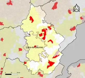 Localisation de l'aire d'attraction de Lons-le-Saunier dans le département du Jura.