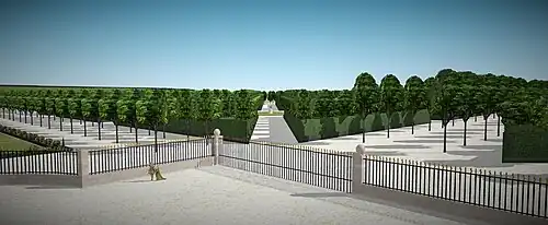 Vue depuis le premier étage du château d'Ivry sur la statue de Louis XIV vers 1700