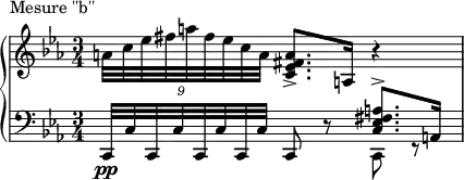 
\new PianoStaff <<
  \new Staff = "right" <<
    \relative c'' {
      \key ees \major
      \time 3/4
       \times 8/9{a32 c32 ees32 fis32 a32 fis32 ees32 c32 a32} <c, ees fis-> a>8. <a>16 r4
    }
  >>
  \new Staff = "left" {
    \clef bass <<
      \relative c, {
        \key ees \major
        \time 3/4
        c32\pp c'32 c,32 c'32 c,32 c'32 c,32 c'32 c,8 r8 <<{\voiceOne <c' ees fis-> a>8. <a>16}\new Voice {\voiceTwo c,8 r8}>>
      }
    >>
  }
>>
\header {
    piece = "Mesure ''b''"
  }

