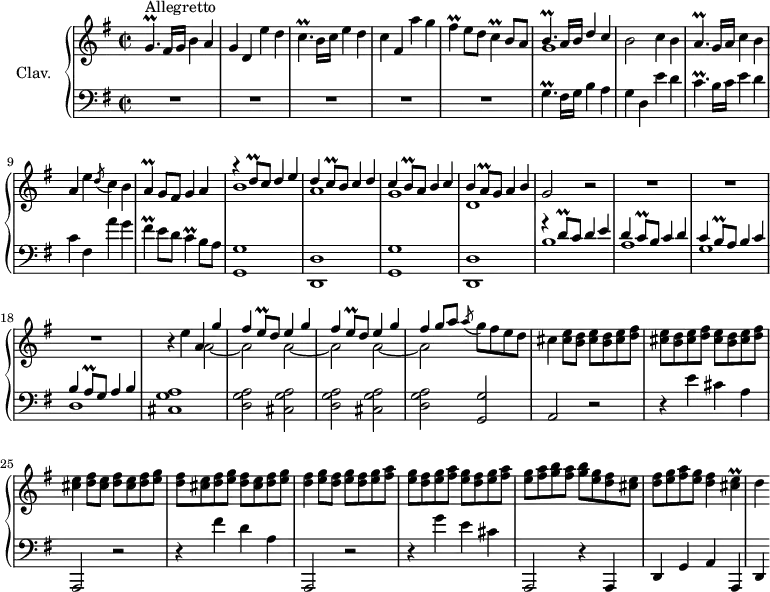 
\version "2.18.2"
\header {
  tagline = ##f
  % composer = "Domenico Scarlatti"
  % opus = "K. 520"
  % meter = "Allegro"
}

%% les petites notes
trillGp     = { \tag #'print { g4.\prall } \tag #'midi { a32 g a g~ g4 } }
trillCp     = { \tag #'print { c4.\prall } \tag #'midi { d32 c d c~ c4 } }
trillFis    = { \tag #'print { fis4\prall } \tag #'midi { g32 fis g fis~ fis8 } }
trillC      = { \tag #'print { c4\prall } \tag #'midi { d32 c d c~ c8 } }
trillBp     = { \tag #'print { b4.\prall } \tag #'midi { c32 b c b~ b4 } }
trillAp     = { \tag #'print { a4.\prall } \tag #'midi { b32 a b a~ a4 } }
trillA      = { \tag #'print { a4\prall } \tag #'midi { b32 a b a~ a8 } }

trillDq     = { \tag #'print { d8\prall } \tag #'midi { e32 d e d } }
trillCq     = { \tag #'print { c8\prall } \tag #'midi { d32 c d c } }
trillEq     = { \tag #'print { e8\prall } \tag #'midi { fis32 e fis e } }
trillBq     = { \tag #'print { b8\prall } \tag #'midi { c32 b c b } }
trillAq     = { \tag #'print { a8\prall } \tag #'midi { b32 a b a } }
trillECis   = { \tag #'print { < cis e >4\prall } \tag #'midi { << { fis32 e fis e~ e8 } \\ { cis4 } >> } }

upper = \relative c'' {
  \clef treble 
  \key g \major
  \time 2/2
  \tempo 2 = 76
  \set Staff.midiInstrument = #"harpsichord"
  \override TupletBracket.bracket-visibility = ##f

      s8*0^\markup{Allegretto}
      \trillGp fis16 g b4 a | g d e' d | \trillCp b16 c e4 d | c fis, a' g | \trillFis e8 d \trillC b8 a |
      % ms. 6
      << { \trillBp a16 b d4 c } \\ { g1 } >> b2 c4 b | \trillAp g16 a c4 b | a e' \acciaccatura d8 c4 b | \trillA g8 fis g4 a |
      % ms. 11
      << { r4 \trillDq c8 d4 e | d \trillCq b8 c4 d | c \trillBq a8 b4 c | b \trillAq g8 a4 b } \\ { b1 a g d } >> g2 r2
      % ms. 16… 19…
      R1*3 | r4 e'4 << { a,4 g' | \repeat unfold 2 { fis \trillEq d8 e4 g } | fis4 g8[ a] } \\ { \repeat unfold 3 { a,2~ | a } } >> |
      % ms. 22 suite
      \acciaccatura a'8 g8 fis e d | cis4 < cis e >8 < b d > \repeat unfold 3 { < cis e >8 < b d >  < cis e > < d fis > } |
      % ms. 25
      < cis e >4 < d fis >8 < cis e > \repeat unfold 3 { < d fis > < cis e >  < d fis > < e g > } | < d fis >4 < e g >8 < d fis > \repeat unfold 3 { < e g >8 < d fis > < e g > < fis a > }
      % ms. 29
      < e g >8 \repeat unfold 2 { < fis a >8 < g b > } < e g >8 < d fis > < cis e > | < d fis > < e g > < fis a > < e g > < d fis >4 \trillECis | d4

}

lower = \relative c' {
  \clef bass
  \key g \major
  \time 2/2
  \set Staff.midiInstrument = #"harpsichord"
  \override TupletBracket.bracket-visibility = ##f

    % ************************************** \appoggiatura a16  \repeat unfold 2 {  } \times 2/3 { }   \omit TupletNumber 
      R1*5 |
      % ms. 6
      \trillGp fis16 g b4 a | g d e' d | \trillCp b16 c e4 d | c fis, a' g | \trillFis e8 d \trillC b8 a |
      % ms. 11
      \repeat unfold 2 { < g, g' >1 < d d' > } | 
      % ms. 15
      << { g''4\rest \trillDq c8 d4 e | d \trillCq b8 c4 d | c \trillBq a8 b4 c | b \trillAq g8 a4 b } \\ { b1 a g d } >>
      % ms. 19
      < cis g' a >1 | \repeat unfold 2 { < d g a >2 < cis g' a > } |
      % ms. 22
      < d g a >2 < g, g' > | a2 r2 | r4 e''4 cis a | 
      % ms. 25
      a,,2 r2 | r4 fis'''4 d a | a,,2 r2 | r4 g'''4 e cis |
      % ms. 29
      a,,2 r4 a4 | d g a a, | d 

}

thePianoStaff = \new PianoStaff <<
    \set PianoStaff.instrumentName = #"Clav."
    \new Staff = "upper" \upper
    \new Staff = "lower" \lower
  >>

\score {
  \keepWithTag #'print \thePianoStaff
  \layout {
      #(layout-set-staff-size 17)
    \context {
      \Score
     \override SpacingSpanner.common-shortest-duration = #(ly:make-moment 1/2)
      \remove "Metronome_mark_engraver"
    }
  }
}

\score {
  \keepWithTag #'midi \thePianoStaff
  \midi { }
}

