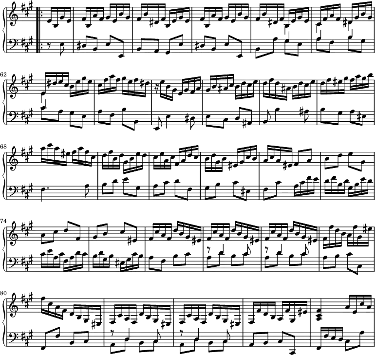 
\version "2.18.2"
\header {
  tagline = ##f
  % composer = "Paradisi"
  % opus = ""
  % meter = "Allegro"
}

%% les petites notes
%trillBesp     = { \tag #'print { bes4.\prall } \tag #'midi { c32 bes c bes~ bes4 } }

upper = \relative c'' {
  \clef treble 
  \key a \major
  \time 2/4
  \tempo 4 = 122
  \set Staff.midiInstrument = #"harpsichord"
  \override TupletBracket.bracket-visibility = ##f
  \set Score.currentBarNumber = #57
  \omit Staff.TimeSignature

\bar "" \bar ".|:"
      \partial 4      e,16 b gis' e | fis b, a' fis gis e b' gis | fis b dis, fis b, e gis e | fis b, a' fis gis e b' gis | fis b dis, fis << { b, e gis e } \\ { b4 } >>
      % ms. 62
      << { cis16 fis a fis dis gis b gis | e dis' e cis } \\ { cis,4 dis | e } >> b'16 e gis e | cis fis a fis gis e fis dis | r16 e16 b gis e gis fis a |
      % ms. 66
      gis16 b ais cis b d cis e | d fis d ais b d cis e | d fis eis gis fis a gis b | a cis a eis fis a fis cis |
      % ms. 70
      d fis b, d  gis, b e d | cis e a, cis fis, a d cis | b d gis, b eis, gis cis b | a cis a eis fis8 a |
      % ms. 74
      b8 d e gis, | a cis d fis, | gis b cis eis, | fis16 cis' a fis d' b gis eis |
      % ms. 78
      \repeat unfold 2 { fis16 cis' a fis d' b gis eis } | fis fis' d b a fis' gis, eis' | fis cis a fis d b gis eis |
      % ms. 82
      \repeat unfold 2 { fis16 cis' a fis d' b gis eis } | fis fis' d b a fis' gis, eis' | < a, cis fis >4 a'16 e cis' a |

}

lower = \relative c' {
  \clef bass
  \key a \major
  \time 2/4
  \omit Staff.TimeSignature
  \set Staff.midiInstrument = #"harpsichord"
  \override TupletBracket.bracket-visibility = ##f

    % **************************************
      r8 e,8 | dis b e e, | b' a gis e' | dis b e e, | b' a' << { gis4 } \\ { gis8 e } >>
      % ms. 62
      << { a4 b | cis } \\ { a8 fis b gis | cis a } >> gis8 e | a fis b b, | e,8 e'4 dis8 |
      % ms. 66
      e8 cis d ais | b b'4 ais8 | b gis a eis | fis4. a8 |
      % ms. 70
      b8 d e gis, | a cis d fis, | gis b cis eis, | fis cis' a16 cis fis e |
      % ms. 74
      d16 fis b, d gis, b e d | cis e a, cis fis, a d cis | b d gis, b eis, gis cis b | a8 fis b cis |
      % ms. 78
      \repeat unfold 2 { << { r8 d4 cis8 } \\ { a8 d b cis } >> } | a8 b cis cis, | fis, fis' b, cis |
      % ms. 82
      \repeat unfold 2 { << { r8 d4 cis8 } \\ { a8 d b cis } >> } | a8 b cis cis, | fis16 fis' e d cis8 a' |

}

thePianoStaff = \new PianoStaff <<
    \set PianoStaff.instrumentName = #""
    \new Staff = "upper" \upper
    \new Staff = "lower" \lower
  >>

\score {
  \keepWithTag #'print \thePianoStaff
  \layout {
    indent = #0
      #(layout-set-staff-size 17)
    \context {
      \Score
     \override SpacingSpanner.common-shortest-duration = #(ly:make-moment 1/2)
      \remove "Metronome_mark_engraver"
    }
  }
}

\score {
  \keepWithTag #'midi \thePianoStaff
  \midi { }
}
