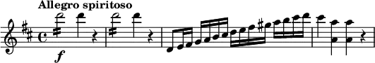 
\relative c''' {
  \version "2.18.2"
  \tempo "Allegro spiritoso"
  \key d \major
  d2:16\f d4 r |
  d2:16 d4 r |
  d,,8 e16 fis g a b cis d e fis gis a b cis d |
  cis4 <a a,> q r
}
