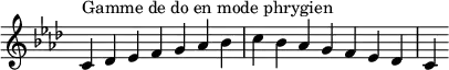  {
\override Score.TimeSignature #'stencil = ##f
\relative c' {
  \key c \phrygian
  \clef treble \time 7/4
  c4^\markup { Gamme de do en mode phrygien } des es f g aes bes c bes aes g f es des c
} }
