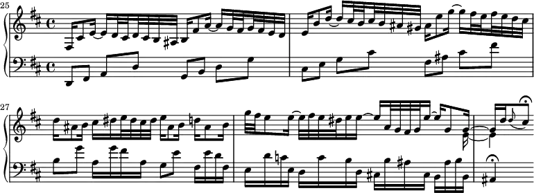 
\version "2.18.2"
\header {
  tagline = ##f
}

upper = \relative c' {
  \clef treble 
  \key b \minor
  \time 4/4
  \tempo 4 = 66 % les tempos sont ceux de Keller (en général)
  \set Staff.midiInstrument = #"harpsichord" 
  \set Score.currentBarNumber = #25
  %\context Score \applyContext #(set-bar-number-visibility 1)
  \bar ""


   %% PRÉLUDE CBT II-24, BWV 893, si mineur

   %% ms. 25
    fis,16 cis'8 e16~ e d32 \set stemRightBeamCount = 2 cis %% modifie le groupement des hampes par 2 puis 4... \set Timing.beatStructure = #'(2 4) ne convient pas
    \set stemLeftBeamCount = 2 d cis b
    ais b16 fis'8 a16~ a g32 
    \set stemRightBeamCount = 2 fis
    \set stemLeftBeamCount = 2 g fis e d | 

    %% ms. 26 
    e16 b'8 d16~ \stemUp d cis32 \set stemRightBeamCount = 2 b 
    \set stemLeftBeamCount = 2 cis b ais gis \stemDown ais16 e'8 g16~ g fis32 
    \set stemRightBeamCount = 2 e 
    \set stemLeftBeamCount = 2 fis e d cis | 

    %% ms. 27
    d16 ais8 b16 cis dis e32 dis cis dis e16 ais,8 b16 d ais8 b16 |
   << { \stemDown g'32 fis e8 e16~ e32 fis e dis e16 e~ \stemUp e a,32 g fis g e'16~ e \tempo 4 = 58 g,8 g16~ g \tempo 4 = 25 d' \tempo 4 = 10 \grace d8_( \tempo 4 = 30 cis8)\fermata } \\ { s2. s8 s16 e,16~ e4 } >>
   
}

lower = \relative c {
  \clef bass 
  \key b \minor
  \time 4/4
  \set Staff.midiInstrument = #"harpsichord" 
    
  d,8 fis a[ d] g, b d[ g] cis, e g[ cis] fis, ais cis[ fis] b, g' a,16 g' fis a, g8 e' fis,16 e' d fis, e d' c e, d c' b d, cis! b' ais cis, b ais' b \tempo 4 = 32 b, ais4\fermata
    
} 

\score {
  \new PianoStaff <<
    \set PianoStaff.instrumentName = #""
    \new Staff = "upper" \upper
    \new Staff = "lower" \lower
  >>
  \layout {
    indent = #0
    \context {
      \Score
      \remove "Metronome_mark_engraver"
      \override SpacingSpanner.common-shortest-duration = #(ly:make-moment 1/2) 
    }
  }
  \midi { }
}
