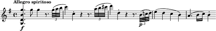 
\relative c''' {
  \override Score.NonMusicalPaperColumn #'line-break-permission = ##f
  \version "2.18.2"
  \tempo "Allegro spiritoso"
  \key g \major
  \tempo 4 = 130
  <g b, d, g,>4.\f g8 g4 r8. \times 2/3 { g32( a b } |
  c4) c,-. r r8. \times 2/3 { a'32( b cis } |
  d4) d,-. r r8. \times 2/3 { b32(\p c! d) } |
  e4( d c b) |
  a4.( b16 c) b4-.
}
