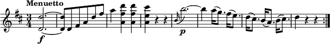 
\relative c'' {
    \version "2.18.2"
    \key d \major 
    \tempo "Menuetto"
    \time 3/4
    \tempo 4 = 160
    <d, d'>2.\f ~ 
    <d d'>8 d8 fis a d fis
    a4 <a, fis'  d'> <a fis'  d'>
    <a e'  cis'> r4 r4
    \grace b16 (b'2.)\p ~ 
    b4 a16 (g8.) fis16 (e8.)
    d16 (cis8.) b16 (a8.) b16 (cis8.)
    d4 r4 r4  \bar ":|."
}
