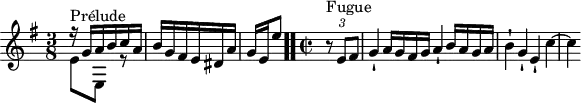 
\version "2.18.2"
\header {
  tagline = ##f
}

\score {
  \new Staff \with {

  }
<<
  \relative c'' {
    \key e \minor
    \time 3/8
	\set Staff.midiInstrument = #"harpsichord" 
    \override TupletBracket.bracket-visibility = ##f

     %% INCIPIT CBT II-10, BWV 879, mi mineur
     << { r16^\markup{Prélude} g a b c a b g fis e dis a' | \once \override Staff.TimeSignature #'stencil = ##f \time 2/8 g16[ e e'8] } \\ { e,8 e, r8 } >> \bar ".." 
     \time 2/2 \partial 4
     s4*0^\markup{Fugue} \tuplet 3/2 { r8 e' fis } g4-! a16 g fis g a4-! b16 a g a b4-! g-! e-! c'4~ c
  }
>>
  \layout {
     \context { \Score \remove "Metronome_mark_engraver" \override SpacingSpanner.common-shortest-duration =
        #(ly:make-moment 1/2) }
  }
  \midi {}
}

