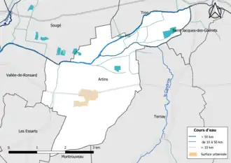 Carte en couleur présentantle réseau hydrographique de la commune