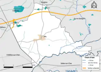 Carte en couleur présentantle réseau hydrographique de la commune